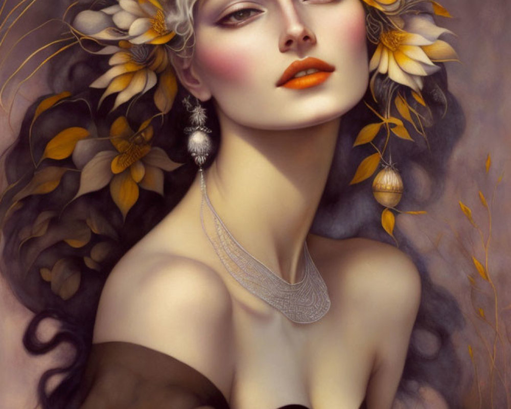 Portrait of woman with pale skin, wavy hair, floral hairpiece, bold makeup, ornate
