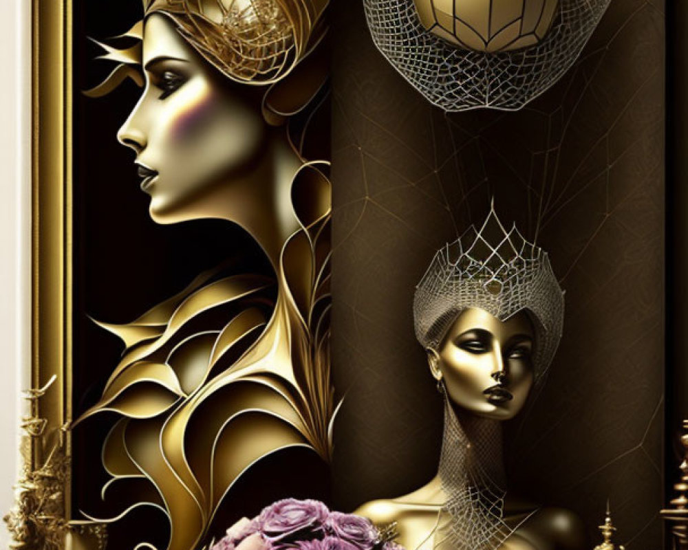 Ornate golden figures of regal women with intricate patterns and vases.