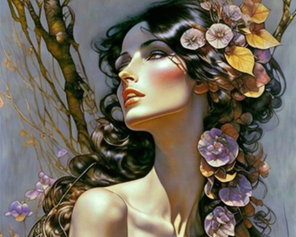 Portrait of woman with flowers in flowing hair and tree branch backdrop