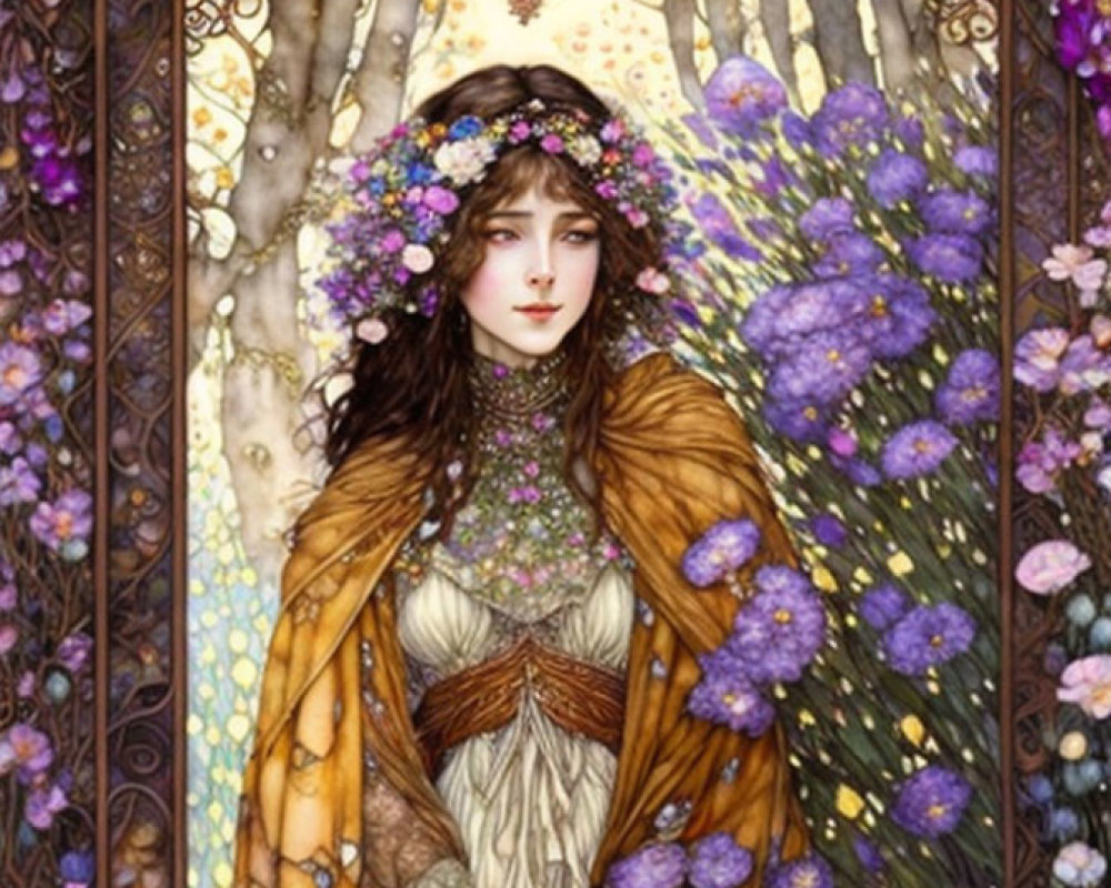 Illustrated woman with floral crown in purple flower backdrop