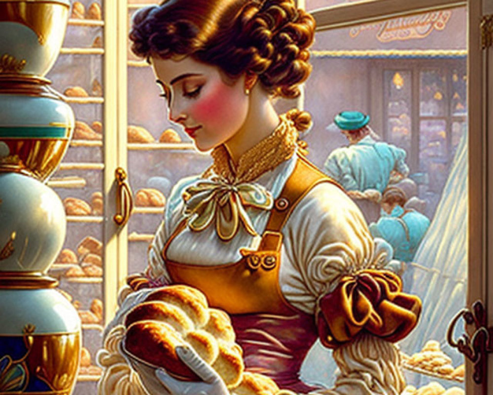 Victorian woman in bakery with fresh bread and sunlight