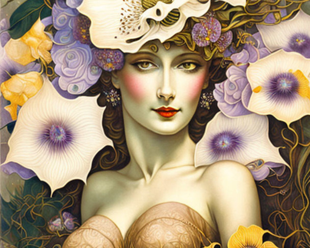 Woman with Floral Headpiece Surrounded by Purple and Cream Blooms