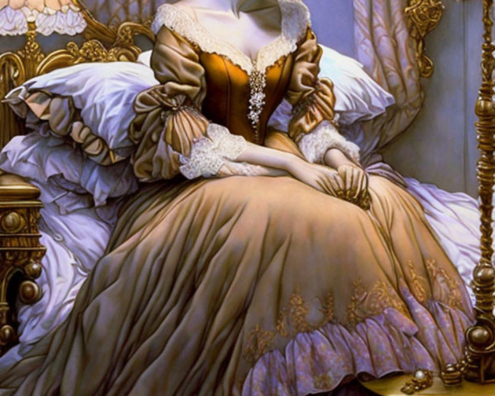 Victorian-era woman sitting on bed in opulent setting
