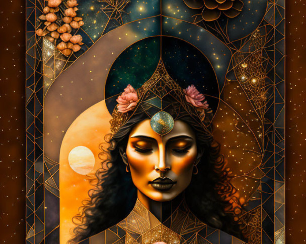 Cosmic and Floral-themed Digital Art with Warm Tones