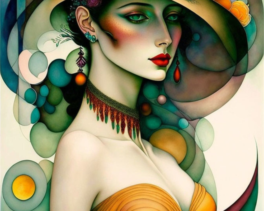 Colorful Woman Portrait with Flowered Hat and Circular Patterns