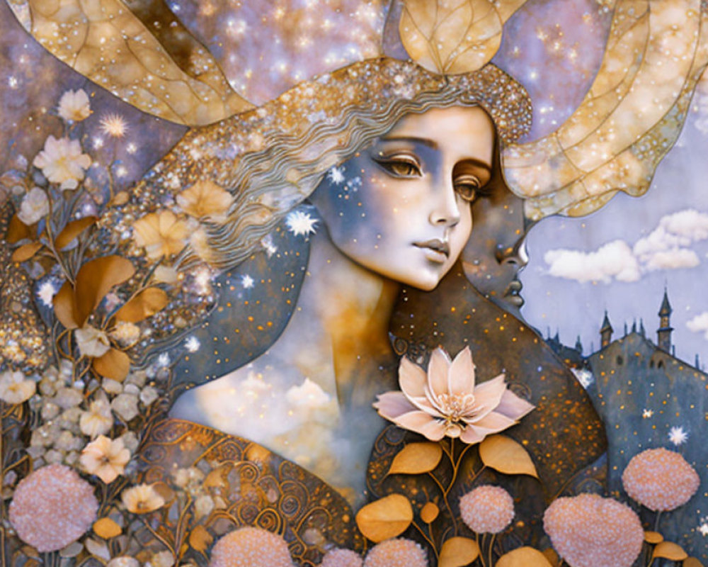 Illustrated portrait of a woman with cosmic and floral background