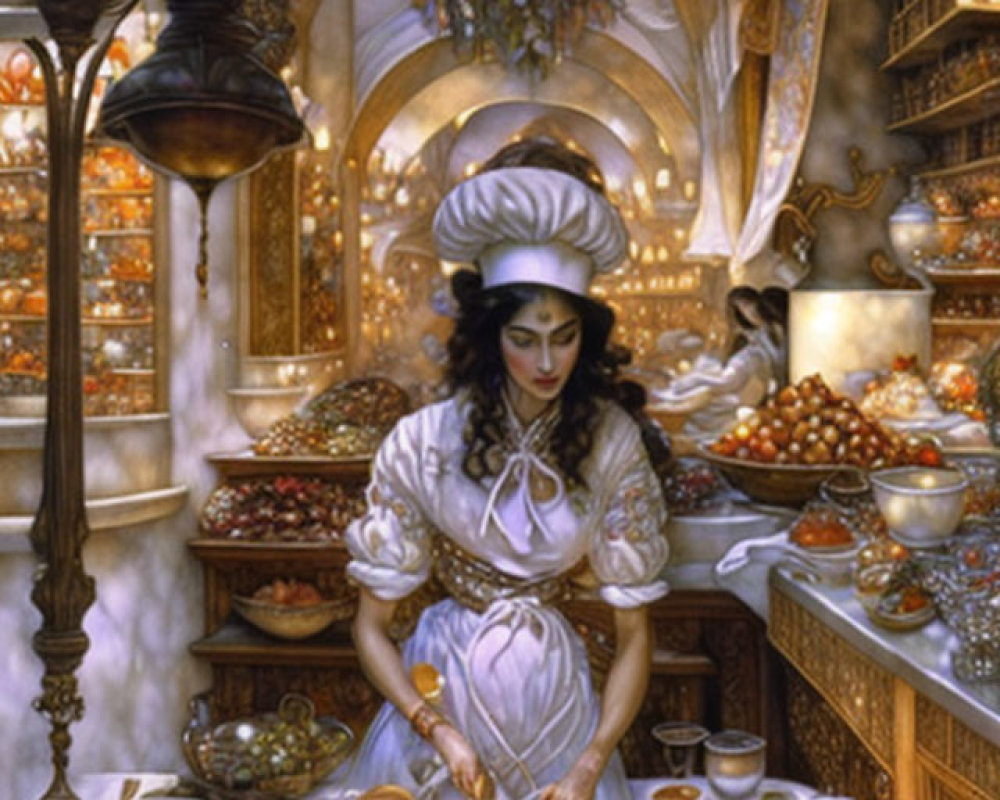 Fantasy kitchen scene with magical dish and rich decor