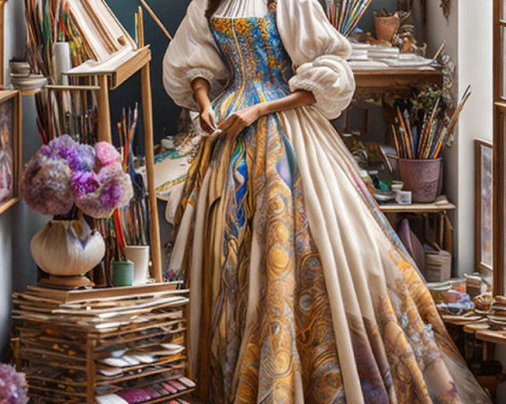Woman in elegant patterned dress in cozy art studio surrounded by easels and supplies.