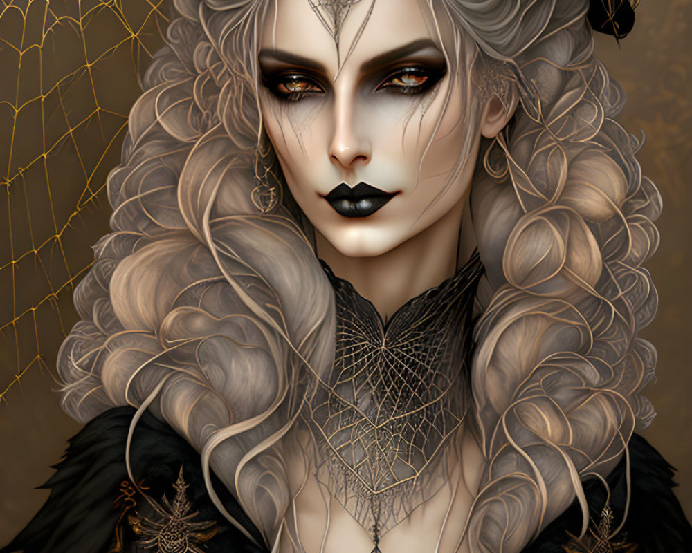 Pale-skinned gothic vampire with white hair and spider web jewelry on gold background