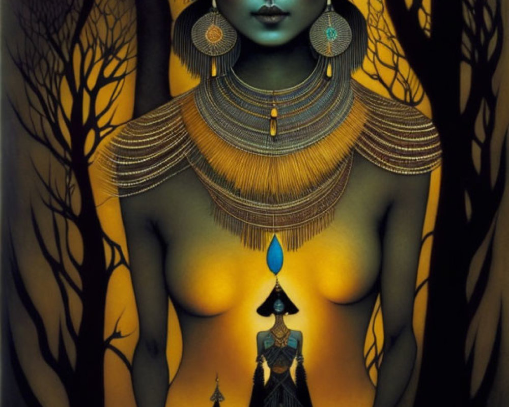 Stylized blue-skinned woman in mystical forest with gold jewelry
