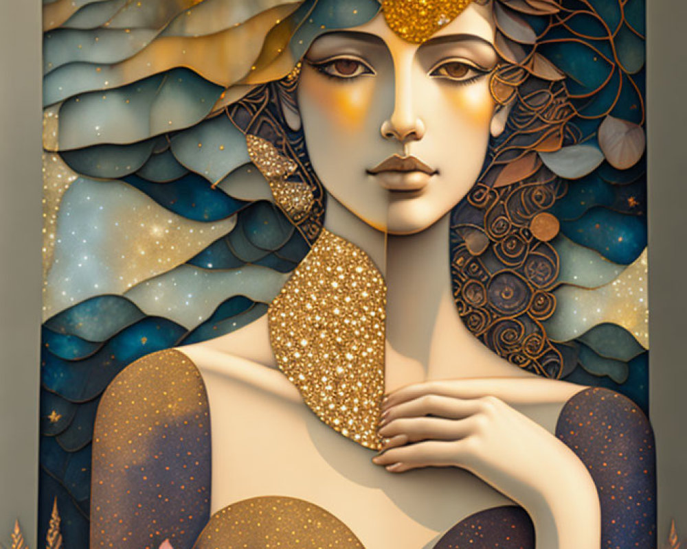 Stylized golden woman with blue and floral motifs