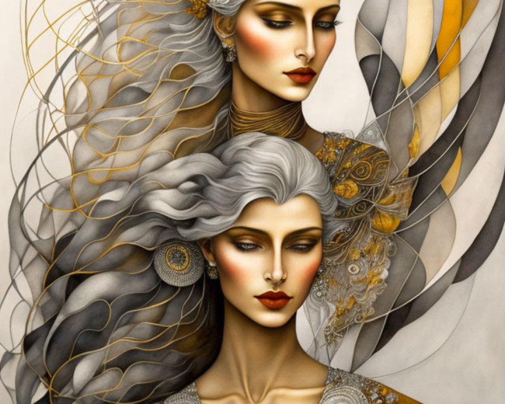 Ethereal illustration of two women with flowing hair and intricate motifs