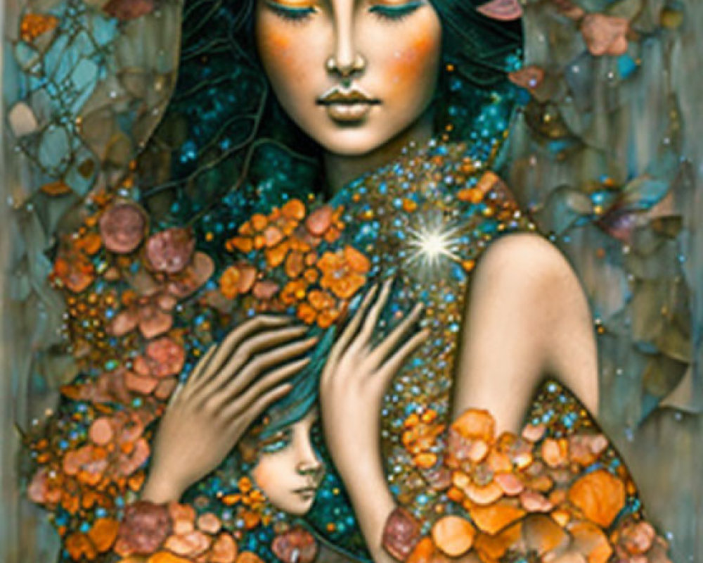 Serene woman surrounded by vibrant flowers holding radiant light