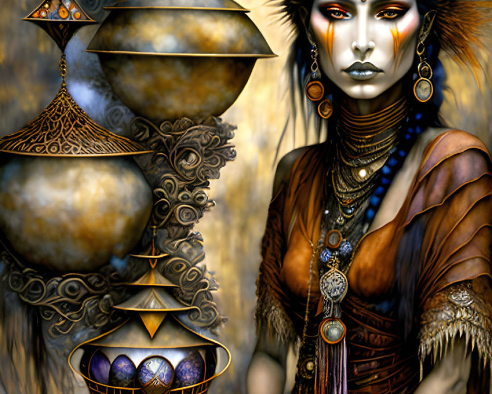 Tribal-inspired woman artwork with beads and feathers in mystical setting