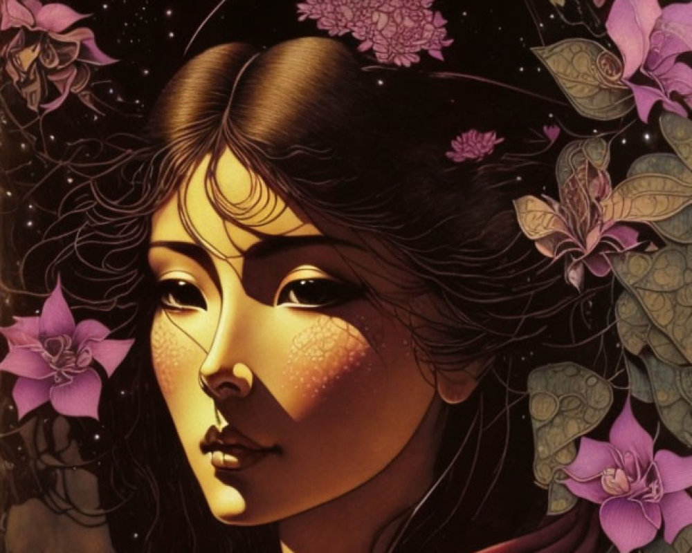 Woman's Face in Night Sky with Purple Flowers: Mystical and Serene Illustration