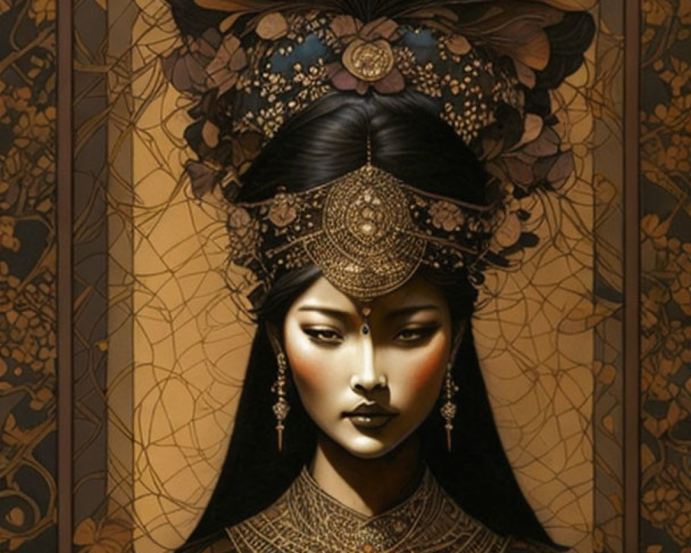Detailed illustration of a woman with ornate headdress and jewelry on golden floral background