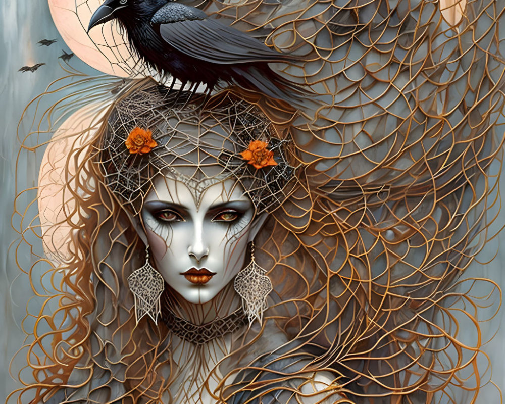 Illustration of woman with gothic makeup, pale skin, orange flower hair, black raven,