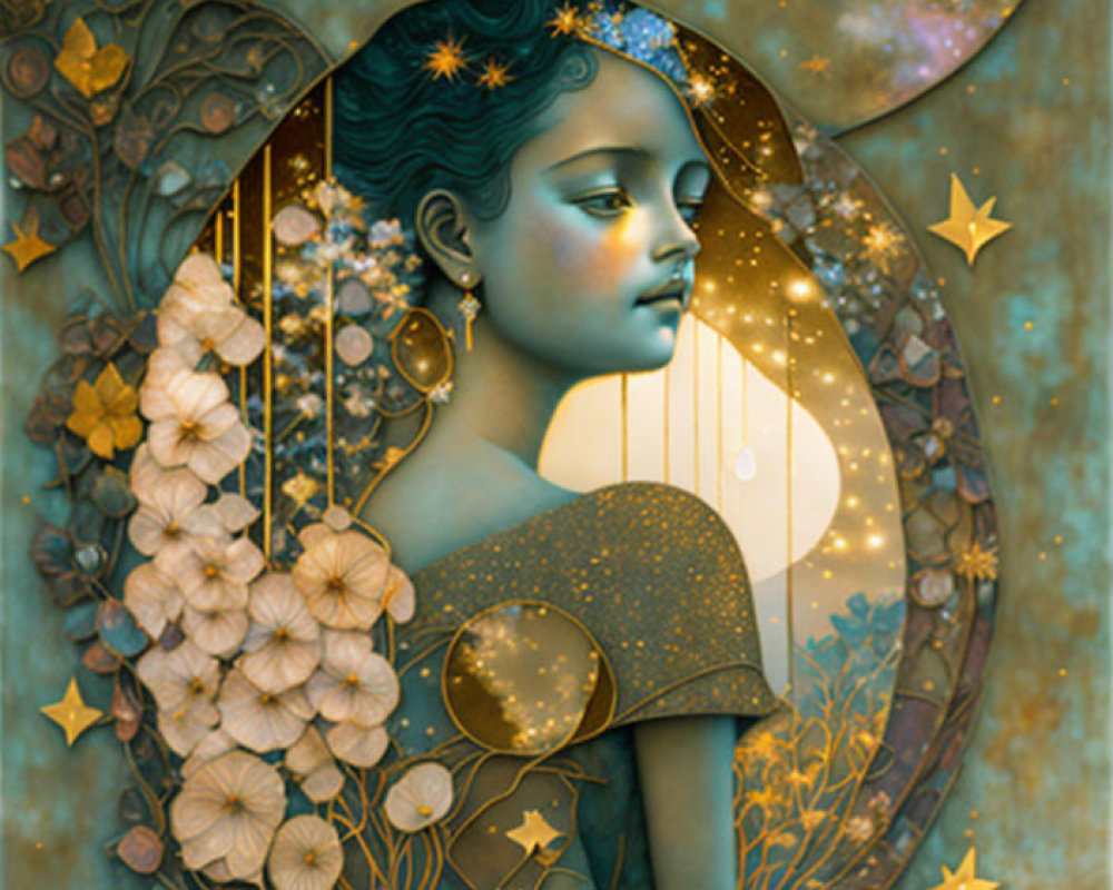 Stylized profile portrait of a woman with celestial and floral motifs in gold and blue tones