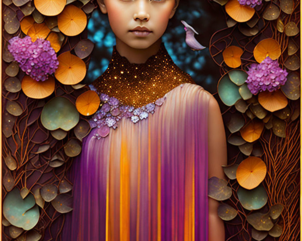Digital artwork: Serene girl with vibrant flowers and bird