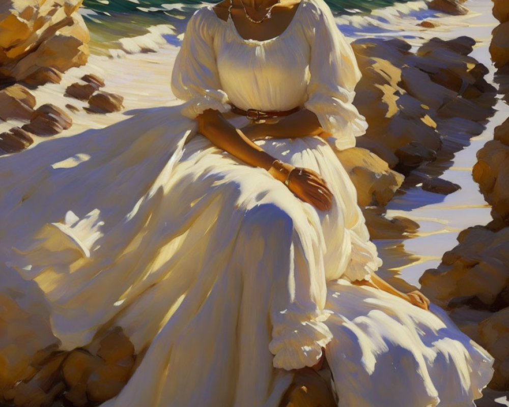 Elegant woman in white dress with dog on rocky beach under sunlight