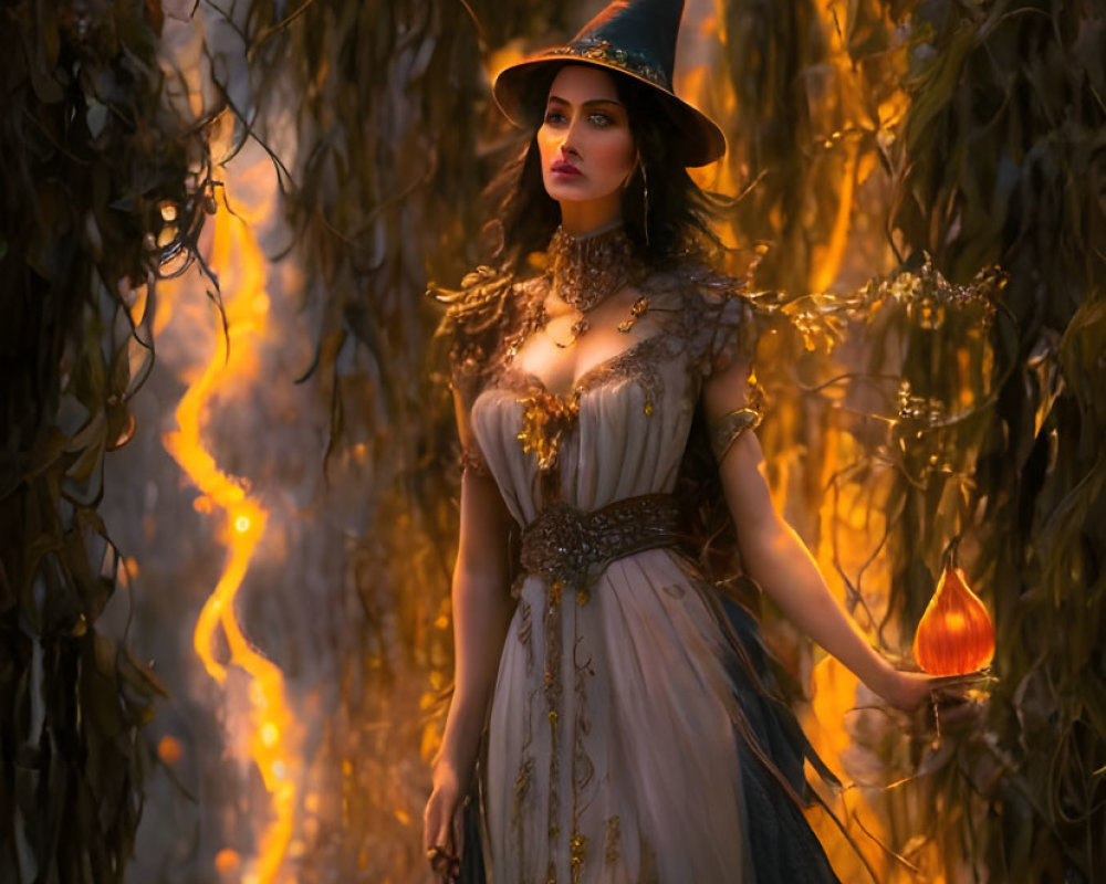 Person in Witch Costume Holding Glowing Pumpkin in Mystical Forest