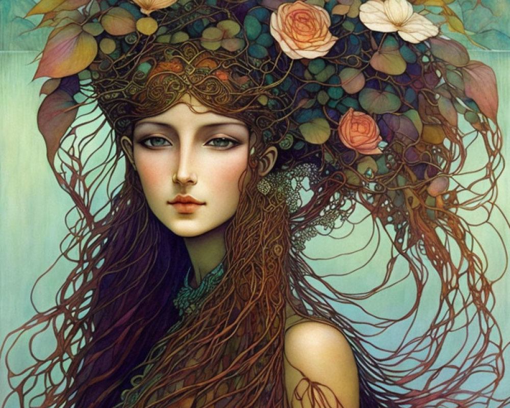 Detailed Woman Portrait with Floral Headdress & Vibrant Colors
