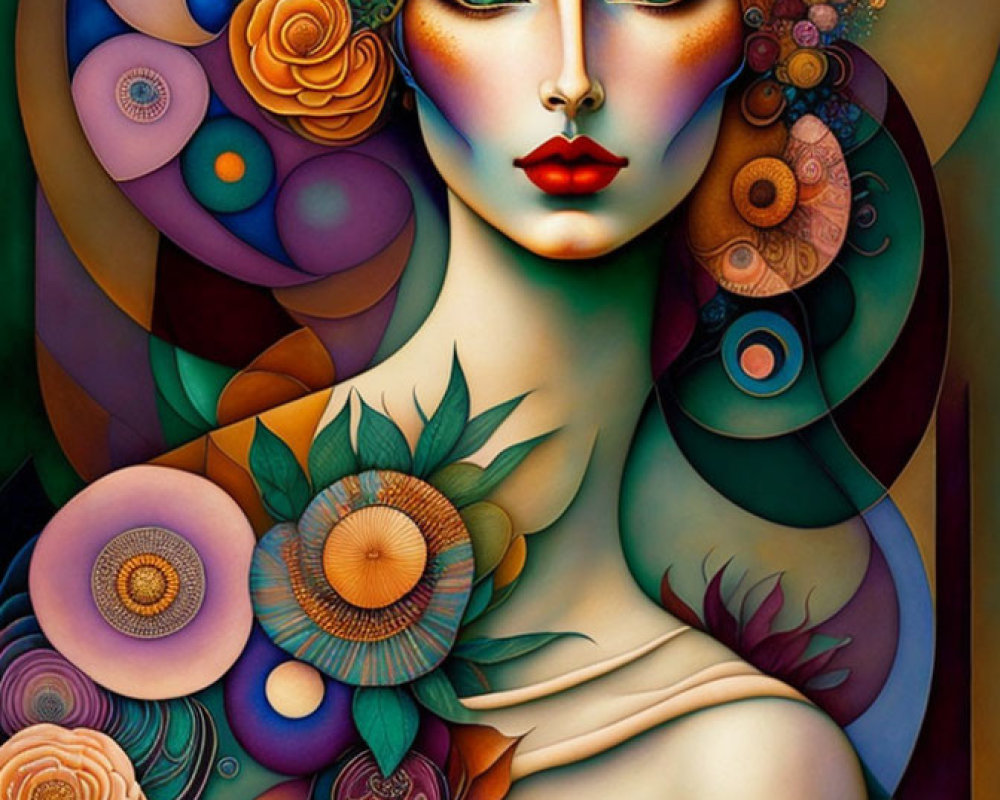 Vibrant artwork of a woman with floral motifs and swirling patterns
