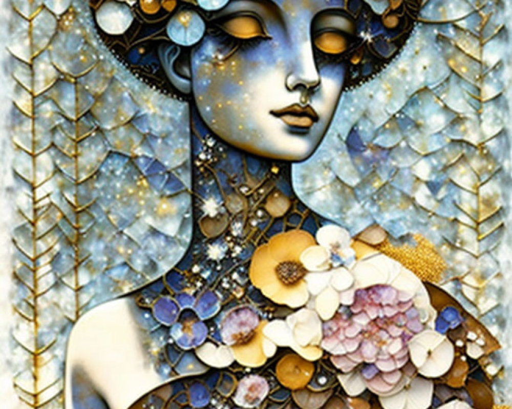Serene female figure with floral headdress on golden-blue background