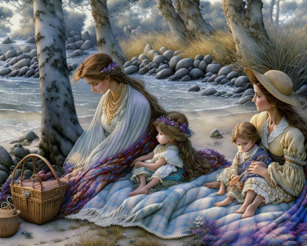 Family picnic by rocky beach with trees and picnic basket
