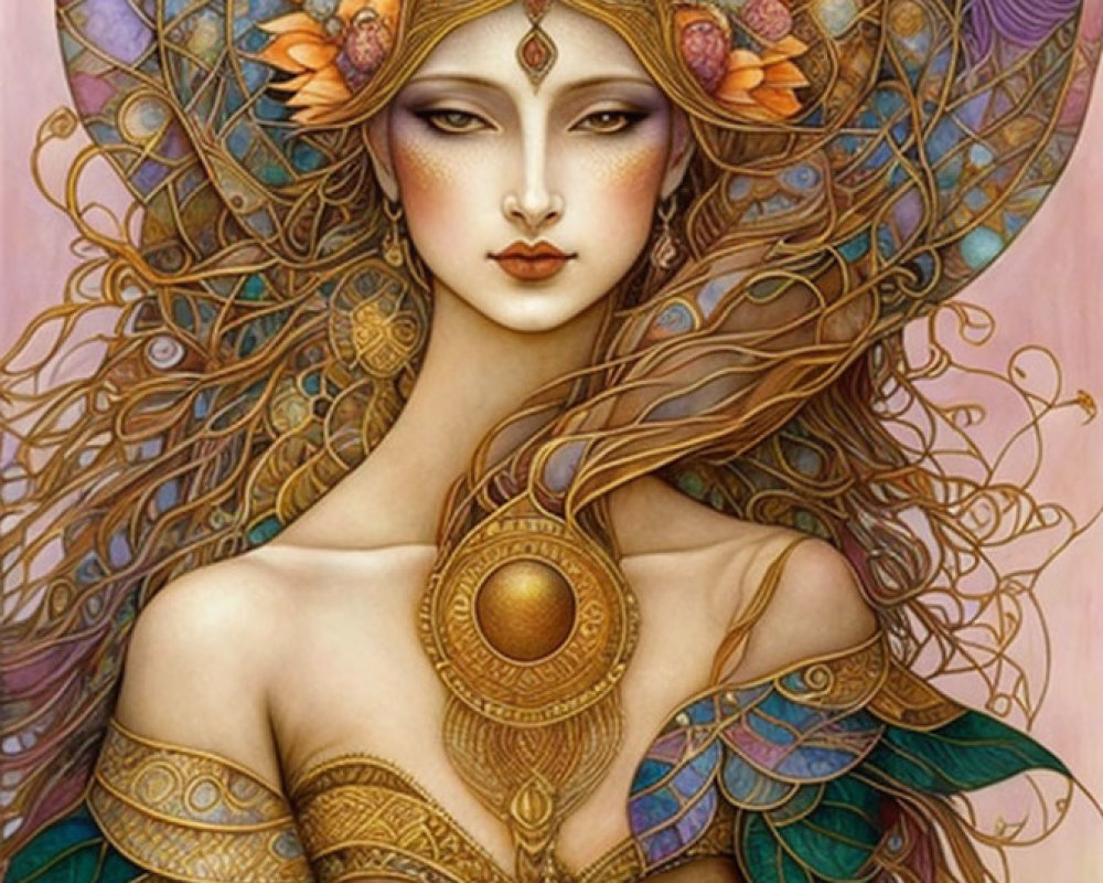 Detailed illustration of woman in gold and blue headwear with flowers, intricate jewelry.