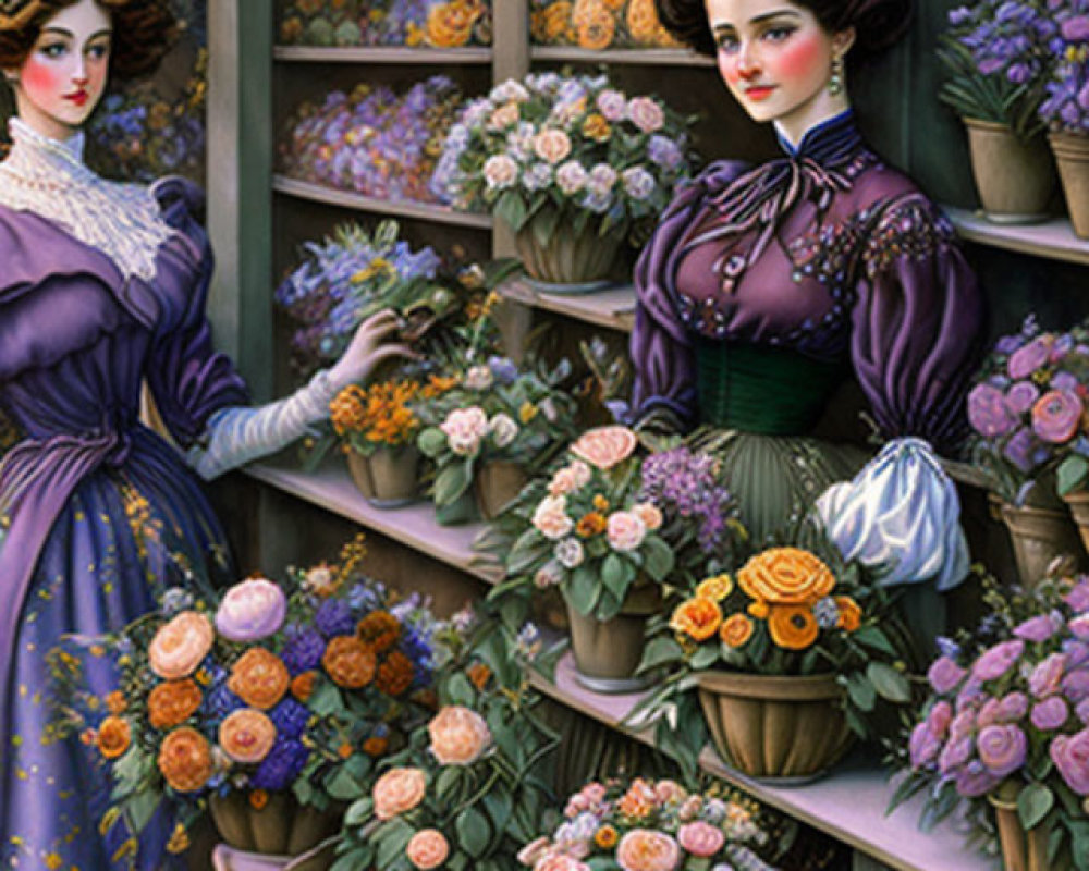 Vintage-dressed women near shelf of potted flowers