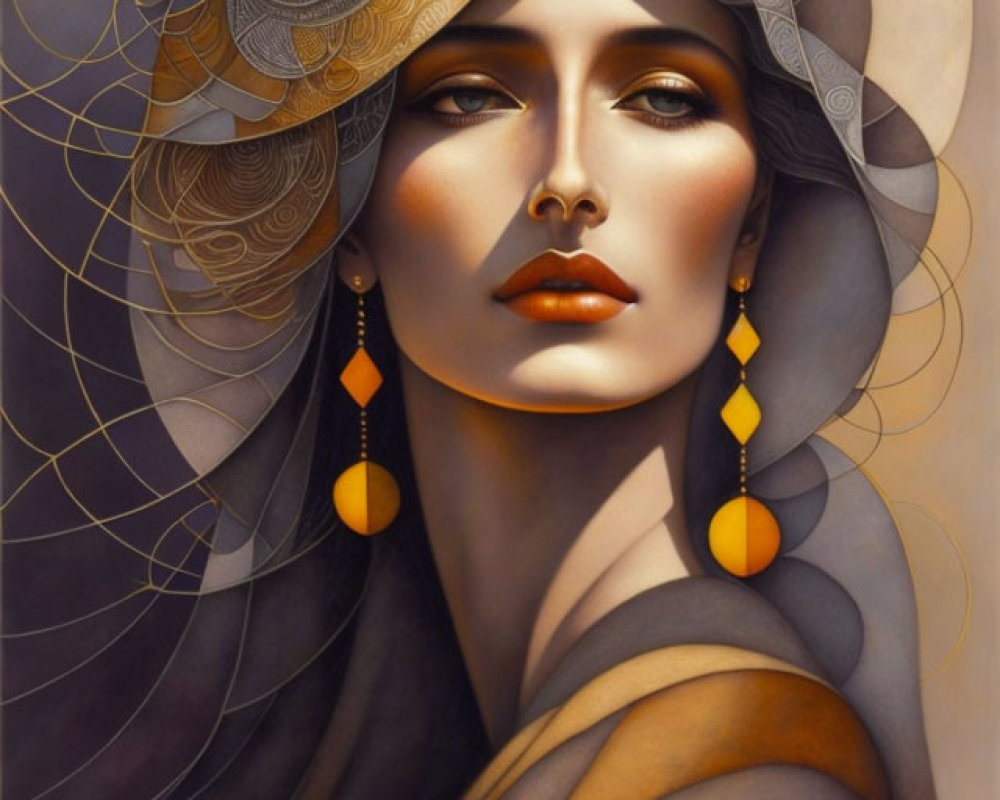 Geometric-patterned portrait of a woman with ornate hat and orange earrings