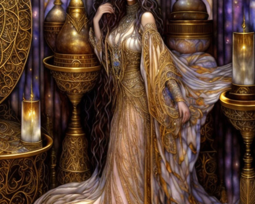Regal woman in golden gown and headdress in candle-lit room