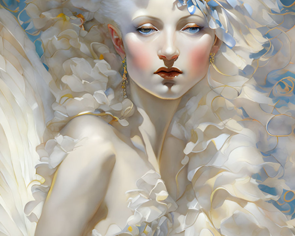 Pale-skinned woman in white feathery attire with blue eyes and ornate accessories.