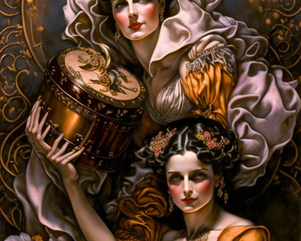 Vintage illustration: Two elegant women in intricate floral setting with drum.