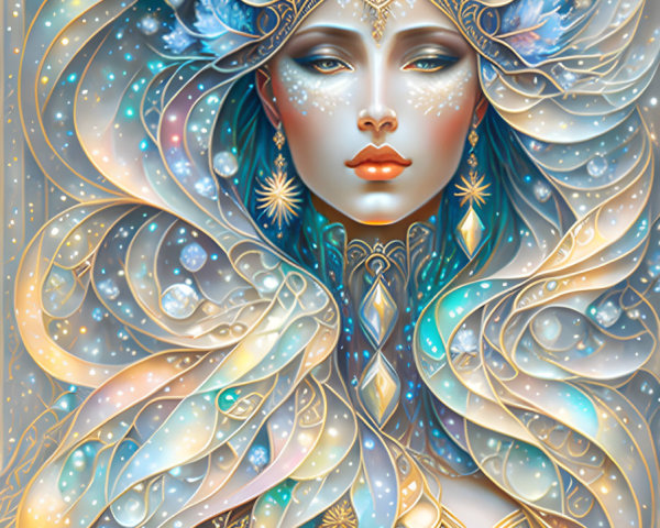 Intricate fantasy illustration of woman with nature-inspired headgear in art nouveau style