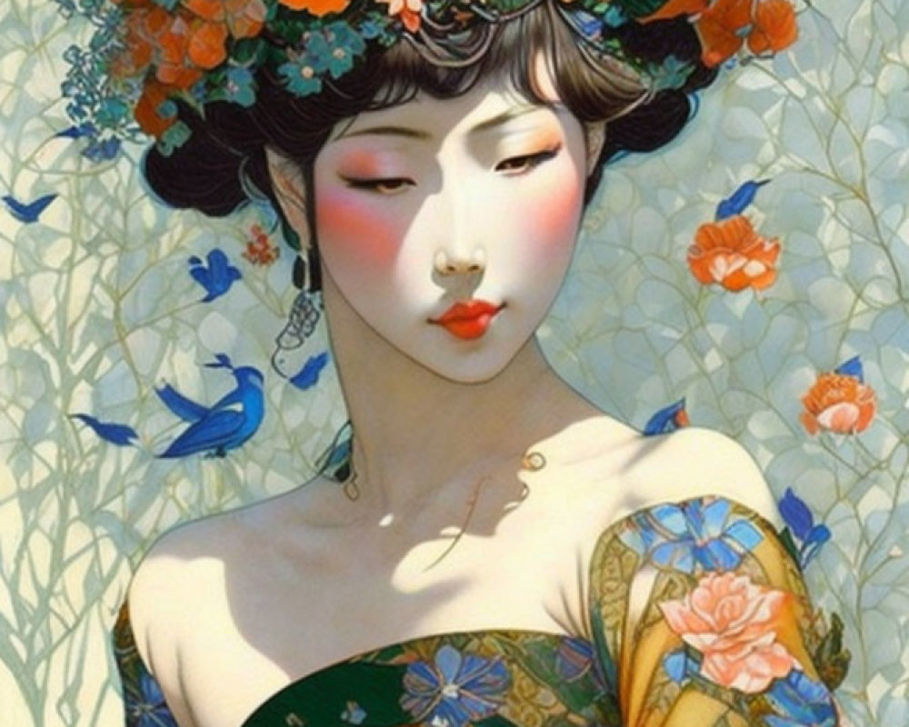 Illustrated Woman with Floral Headdress and Birds in Off-Shoulder Dress