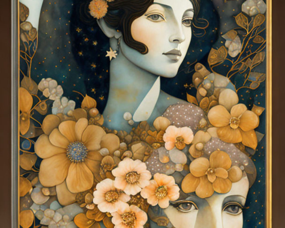Art Nouveau Style Painting: Two Women's Faces with Golden Flowers, Starry Sky, and Crescent