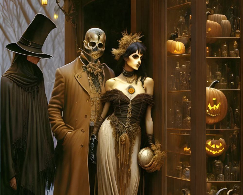 Three elegant Halloween figures in skeleton, witch, and phantom costumes stand by lit jack-o'-lantern