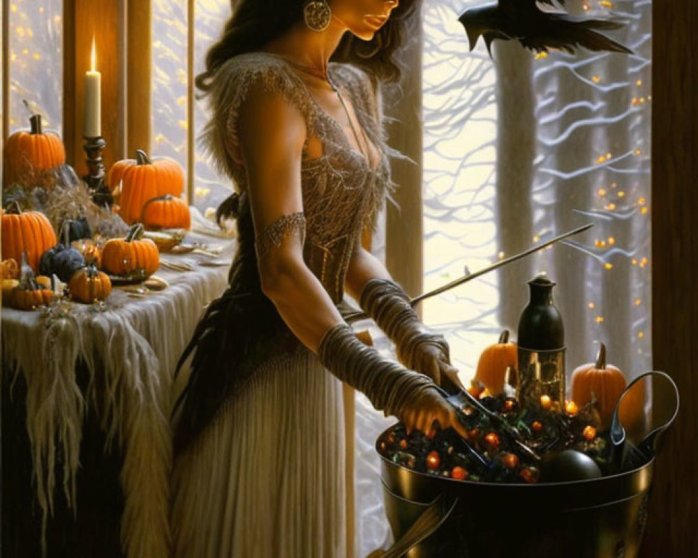 Woman in festive dress stirring cauldron amid Halloween decorations with pumpkins, candles, raven by