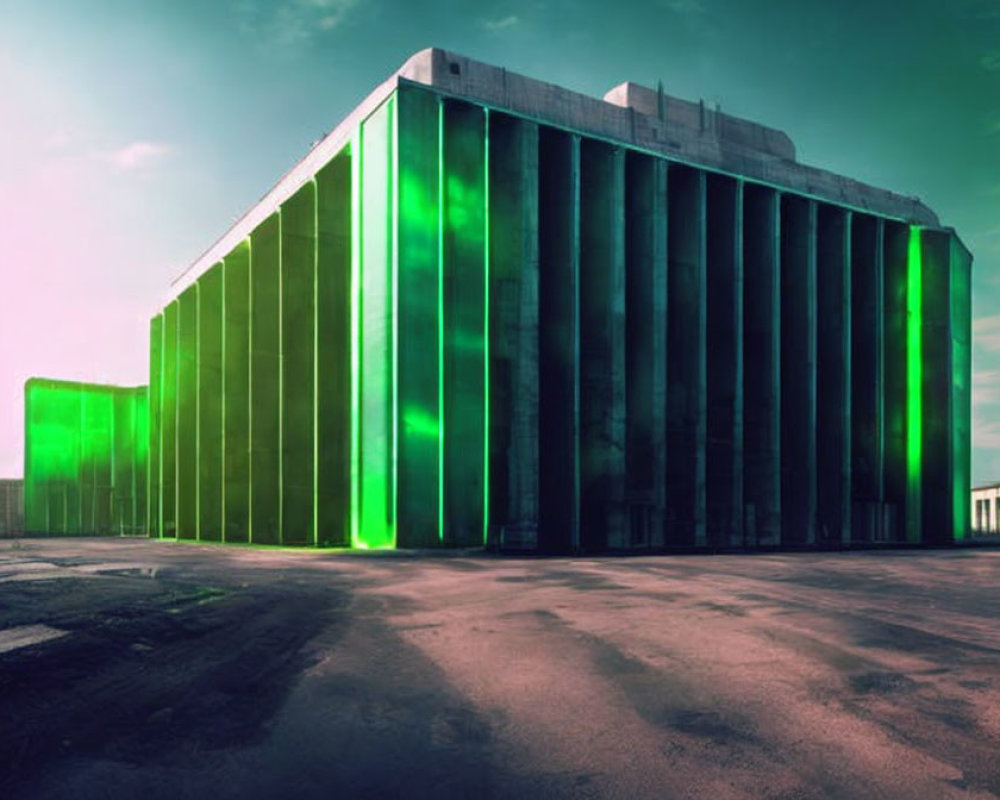 Modern Building with Glowing Green Lights at Dusk
