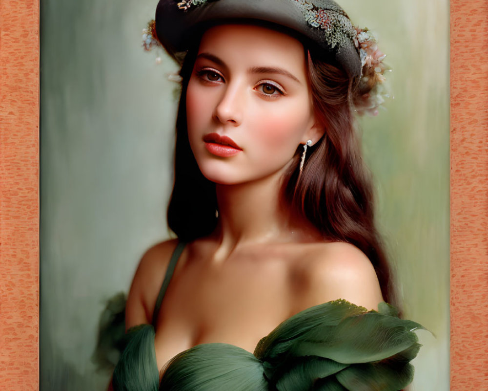 Portrait of a woman in brown hair, beret, emerald dress with leaf embellishments