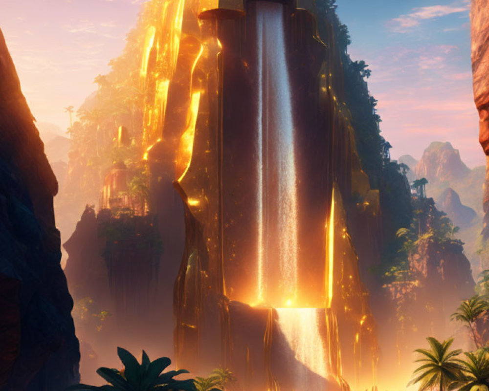 Golden castle with waterfalls in lush tropical landscape at sunset