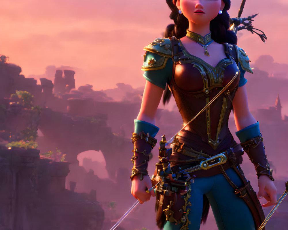 Female warrior in blue armor with bow and arrow at mystical sunrise