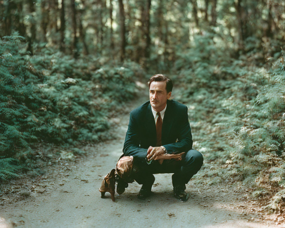 Man in suit crouching on forest path with bag amidst dense greenery