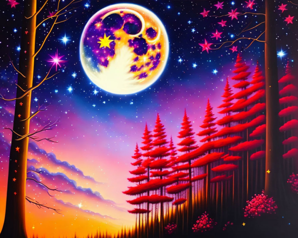Fantasy landscape at dusk with moon, stars, and colorful sky