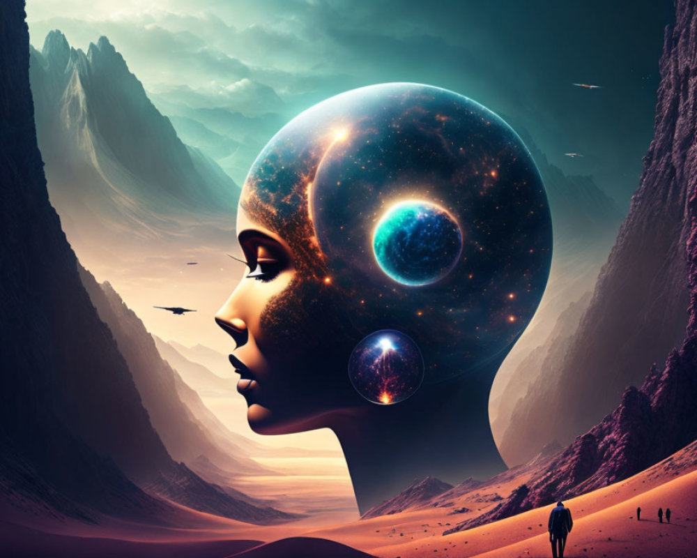 Surreal human head illustration with cosmos silhouette against mountain and desert backdrop.