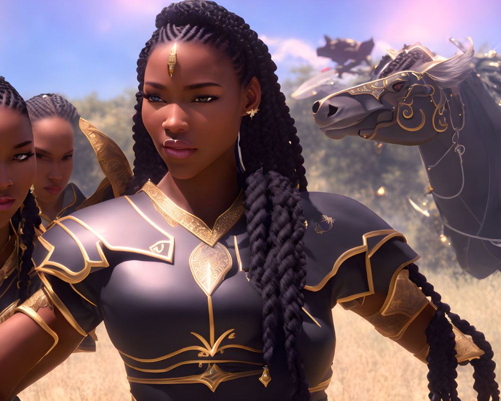 Three Female Warriors in Ornate Armor in Sunlit Grassland