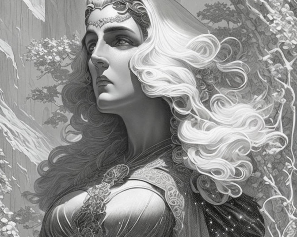 Ethereal woman with white hair and headdress in forest scene