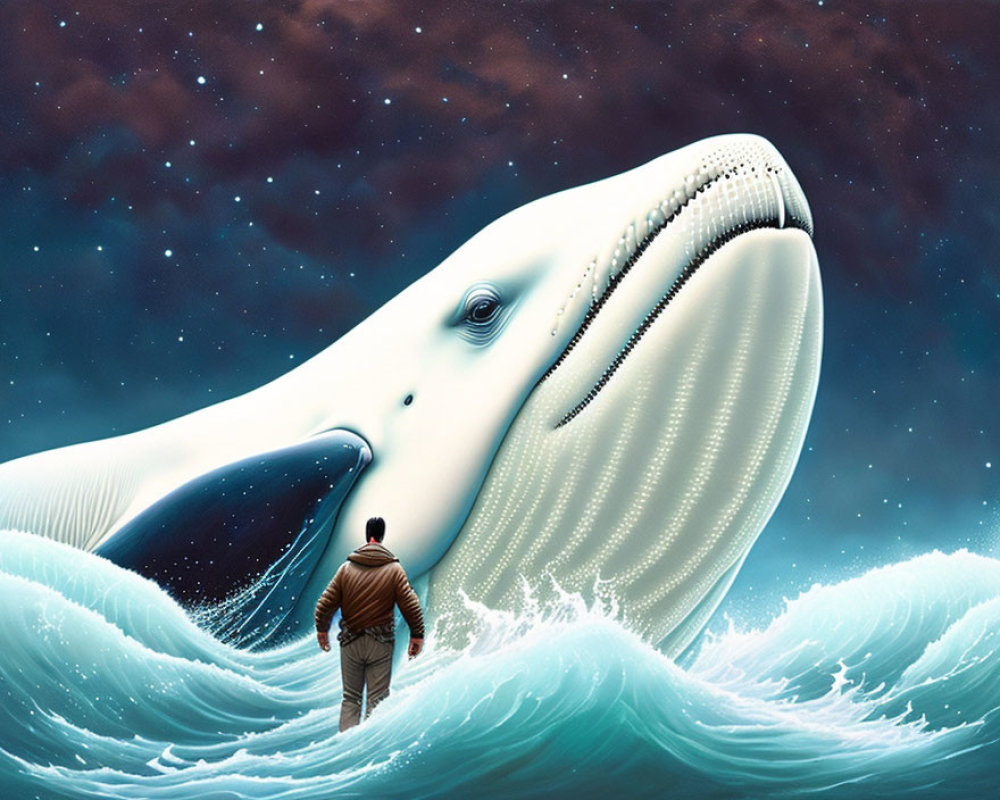 Surreal whale emerging from ocean waves under starry sky